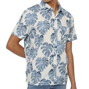 American Eagle Blue White Cotton Tropical Leaf Print Resort Shirt NWT Medium